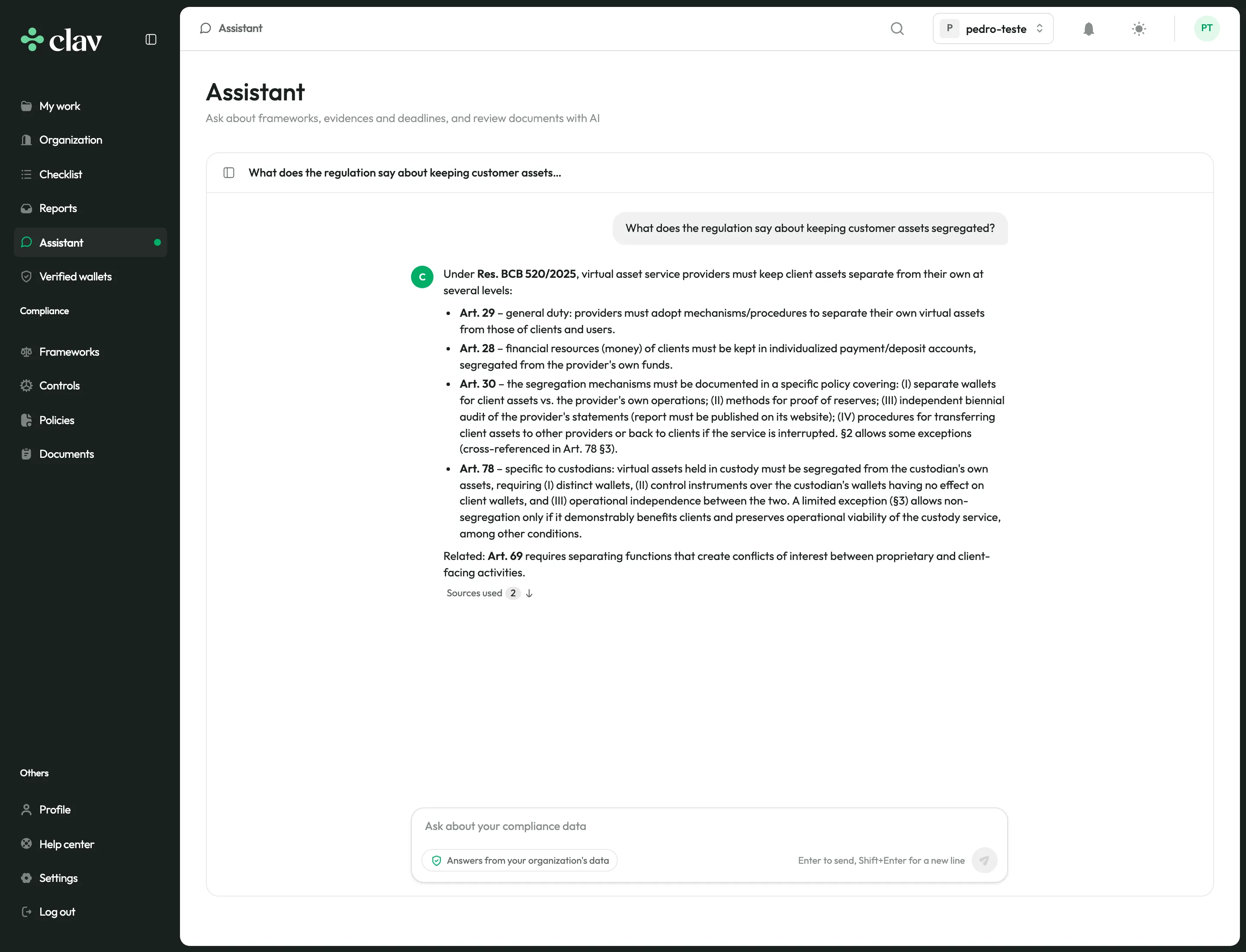 Clav AI Assistant answering what BCB Resolution 520/2025 says about segregating customer assets, citing each article