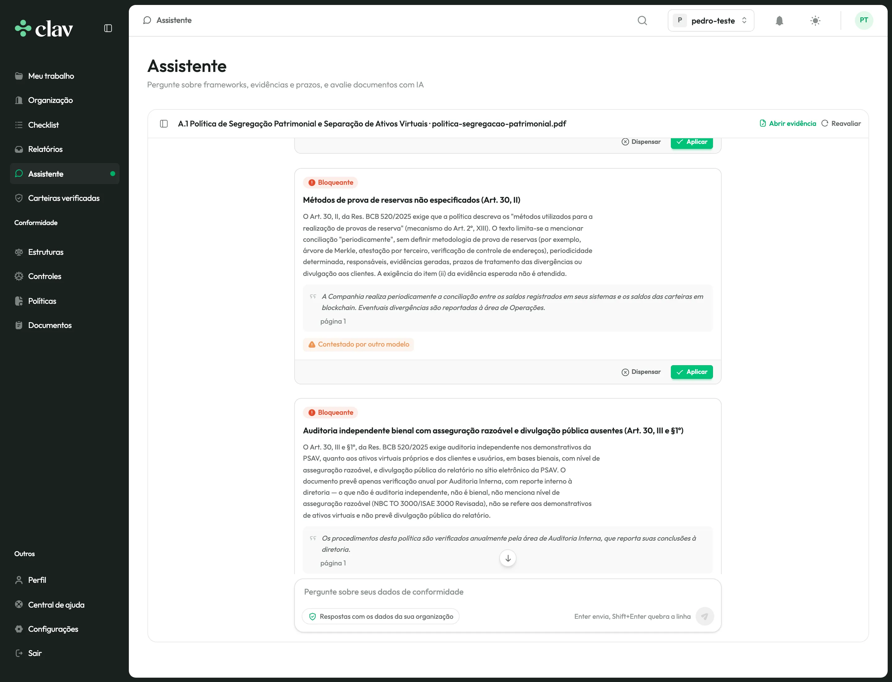 Clav AI Assistant document review with blocking findings on proof of reserves and independent audit, each quoting the page of the policy