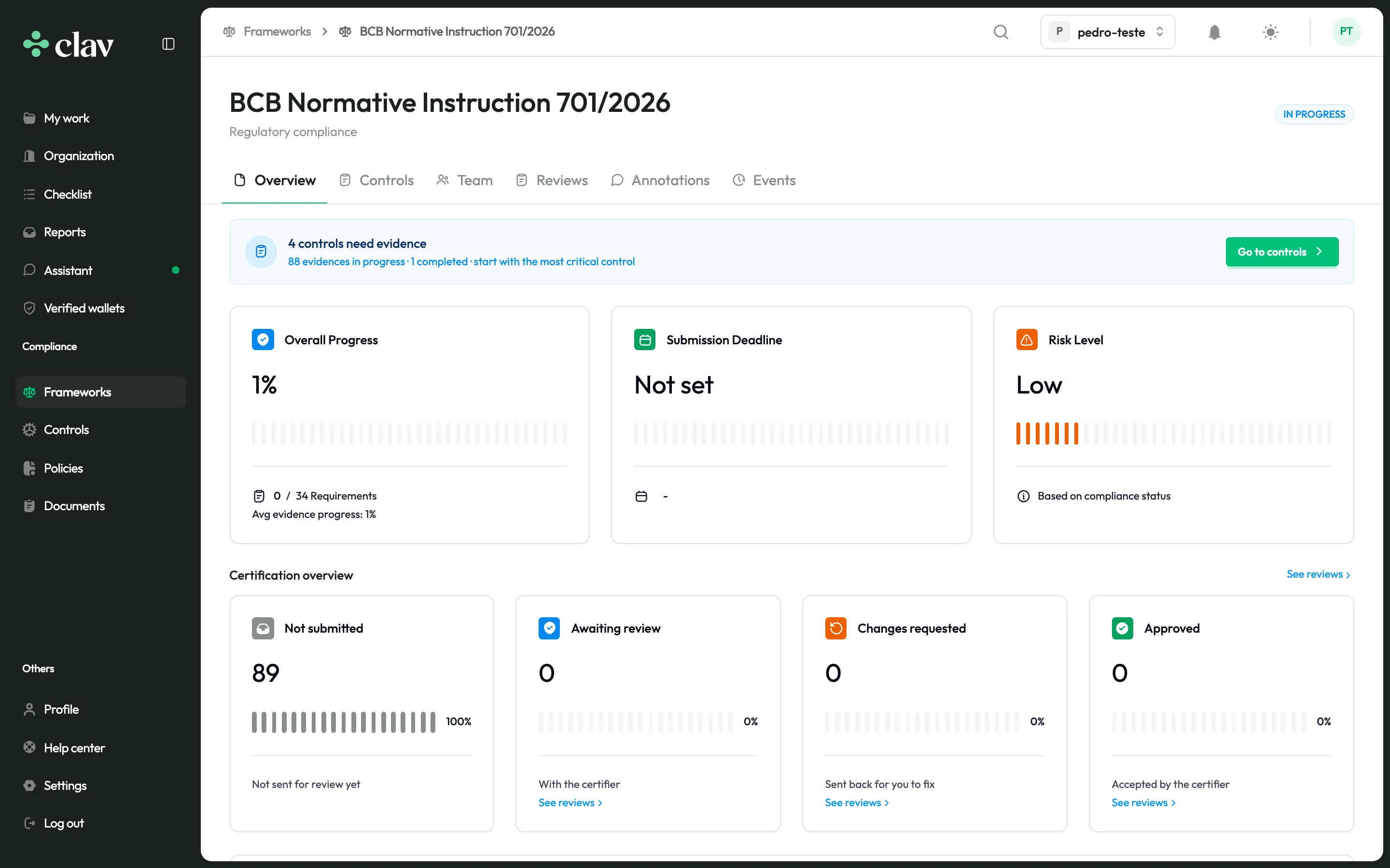 Framework overview in Clav with overall progress, deadline, risk level and certification review status