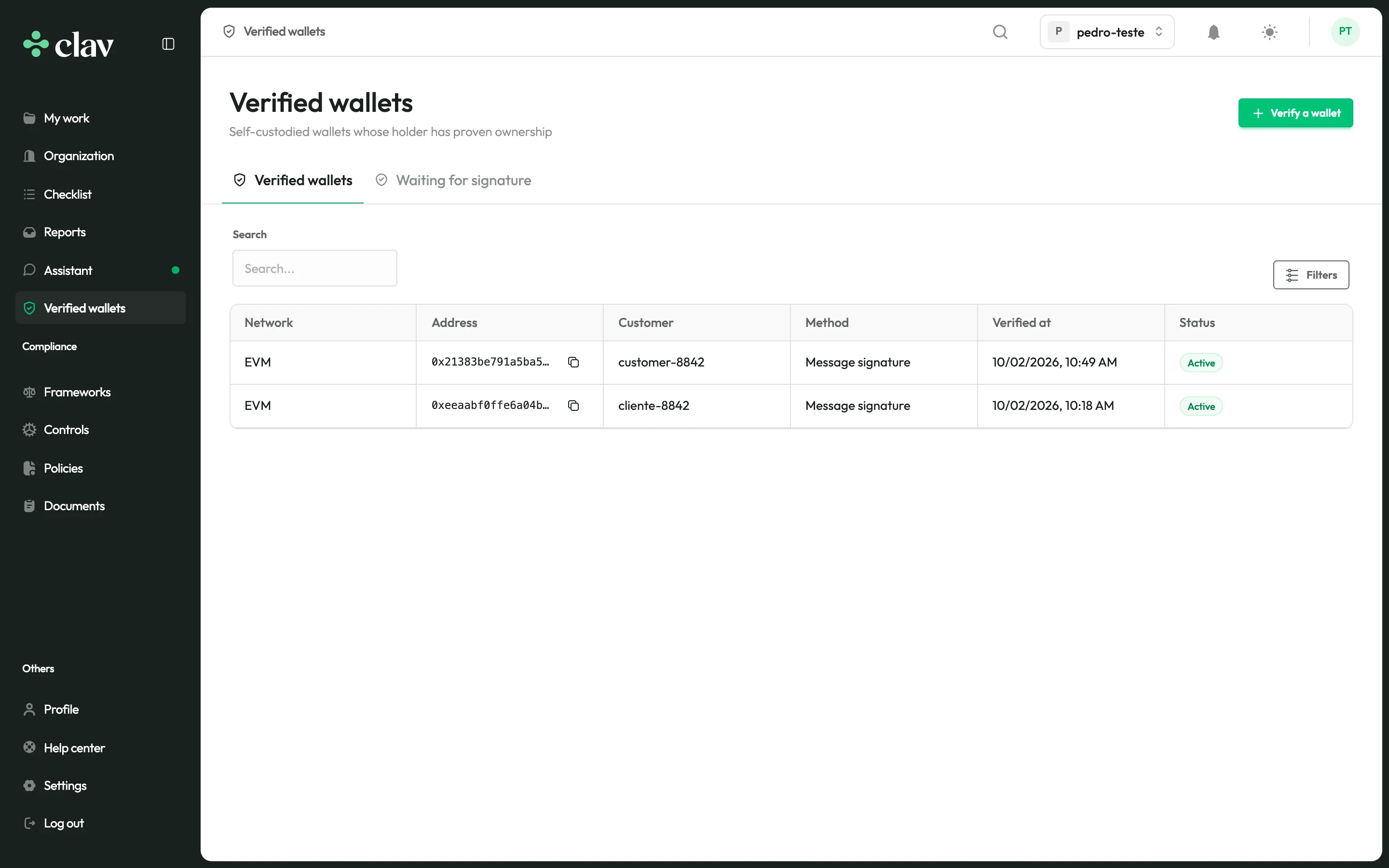 List of verified self-custody wallets in Clav, with network, address, customer, method and status