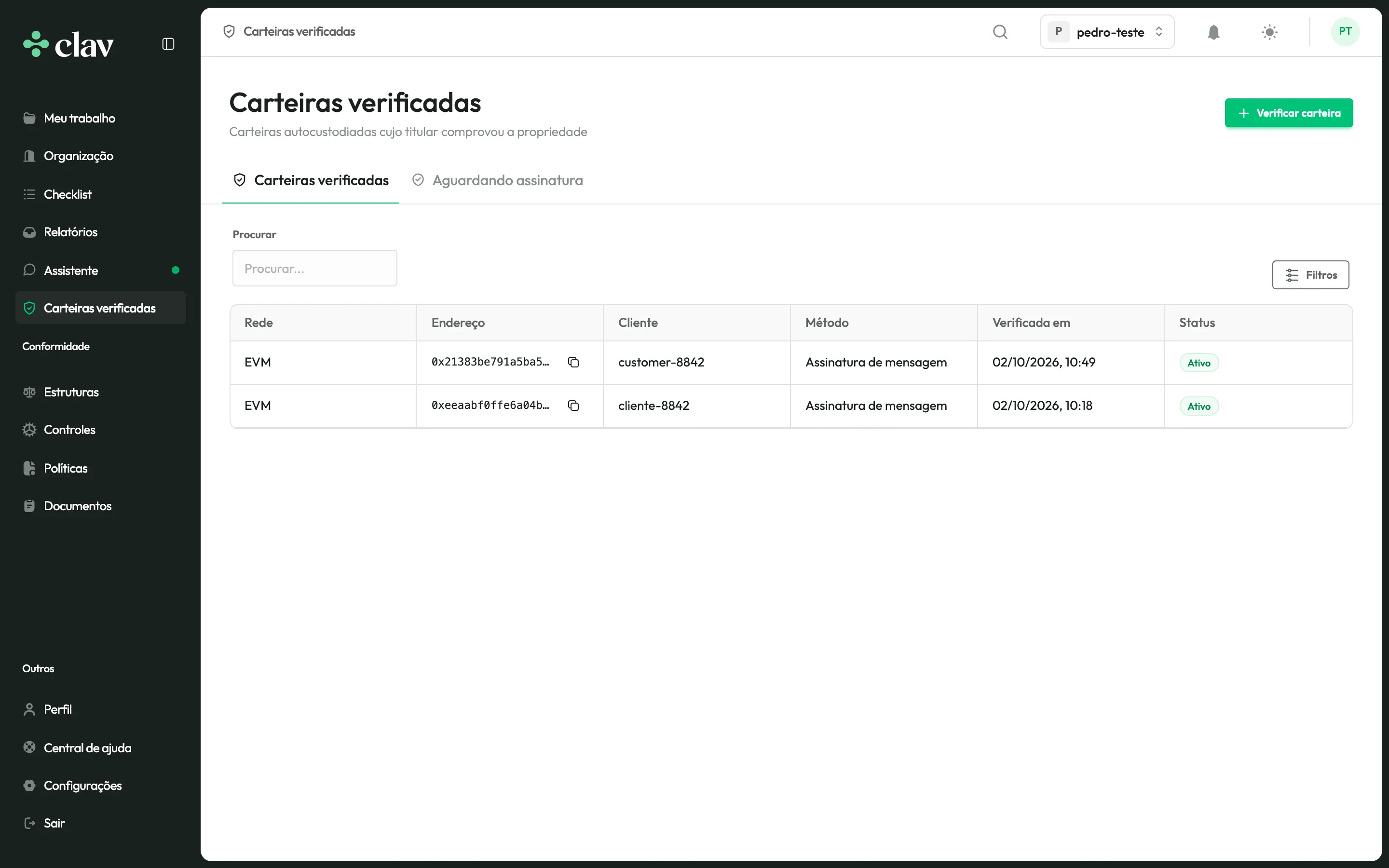 Lista de carteiras autocustodiadas verificadas na Clav, com rede, endereço, cliente, método e status