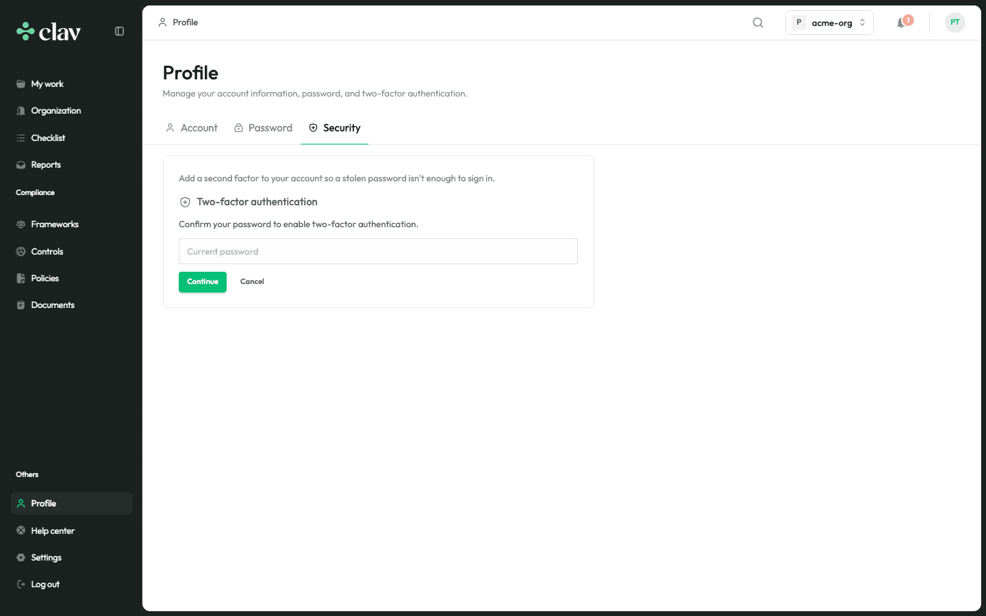 Enable 2FA and confirm your password