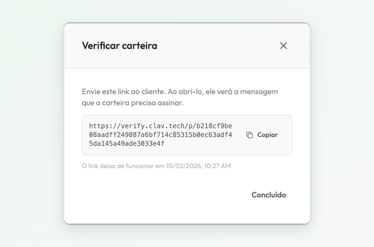 O link de verificação gerado, com o botão Copiar e o prazo de validade.