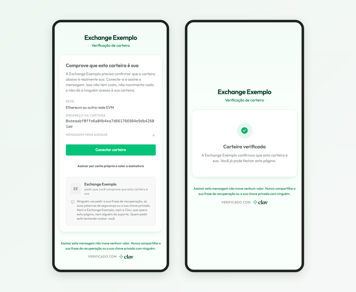 No celular, a página de assinatura com o botão Conectar carteira e, ao lado, a confirmação Carteira verificada.