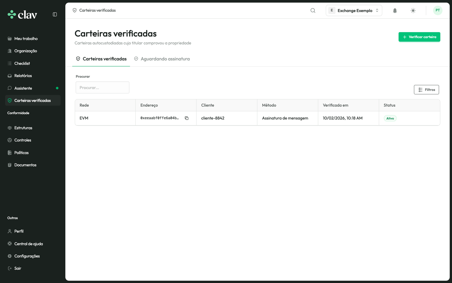 A lista de carteiras verificadas com a carteira do cliente-8842 como Ativa.