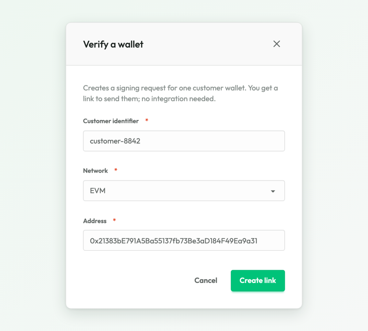 The Verify a wallet dialog with the customer identifier, the EVM network and the address filled in.