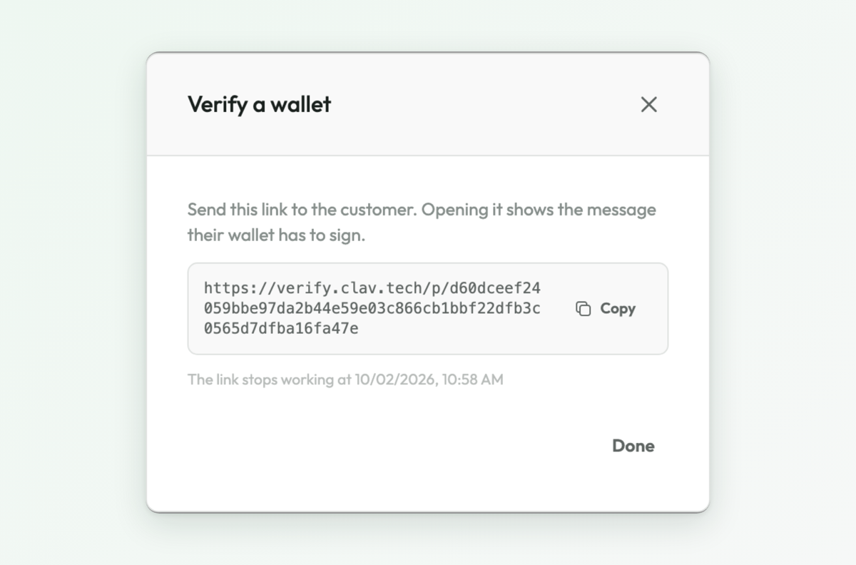 The generated verification link, with the Copy button and its expiry time.