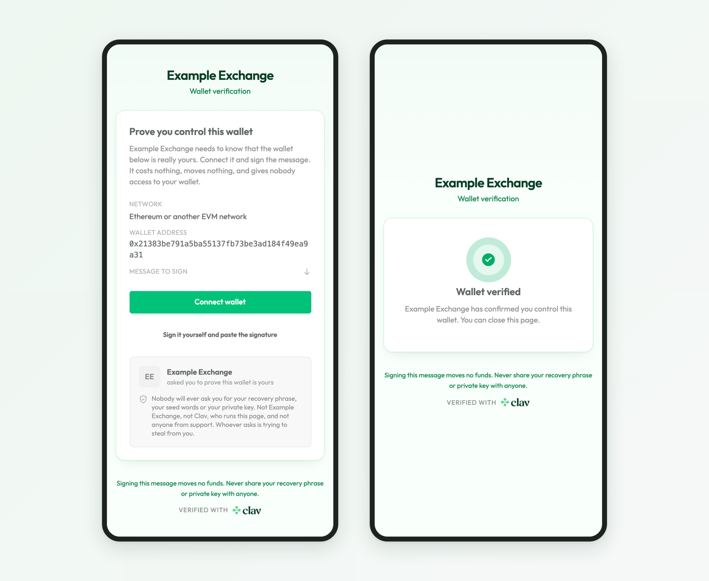 On a phone, the signing page with the Connect wallet button and, next to it, the Wallet verified confirmation.
