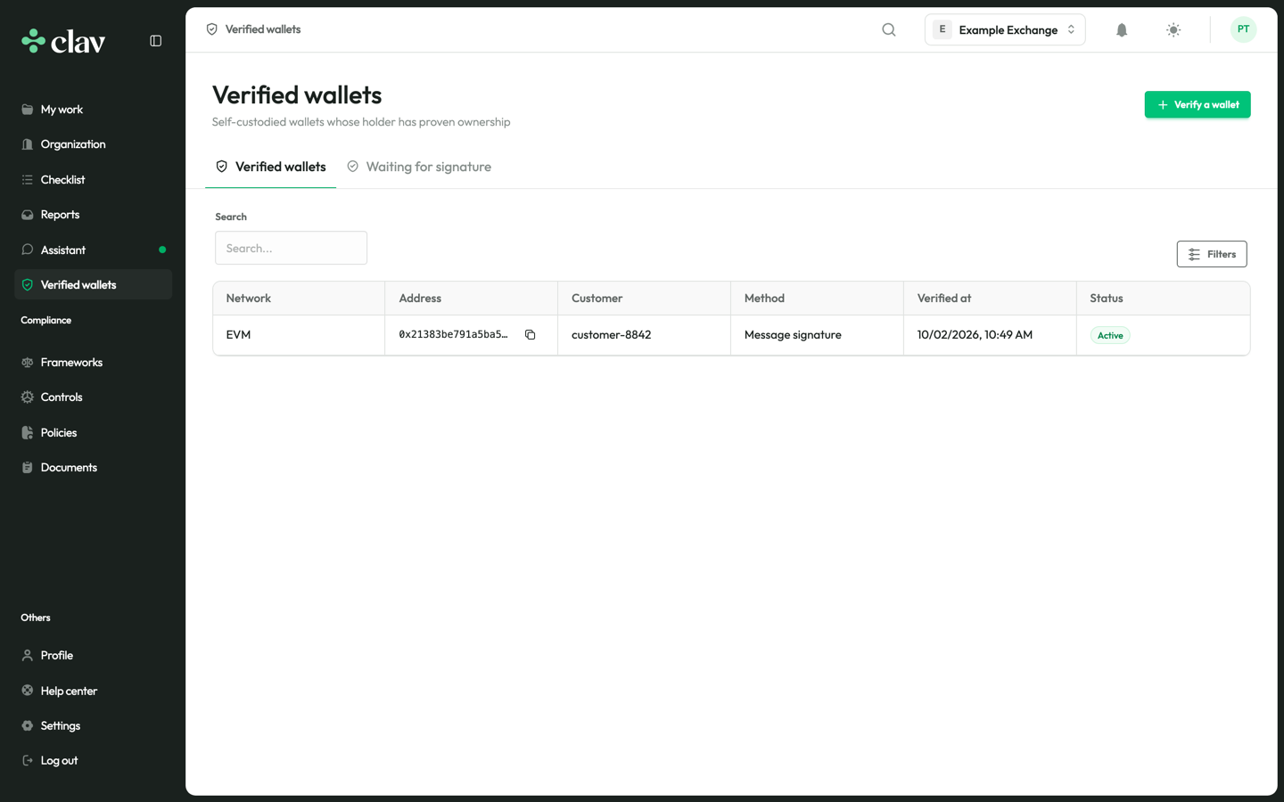 The verified wallets list with the wallet of customer-8842 marked Active.