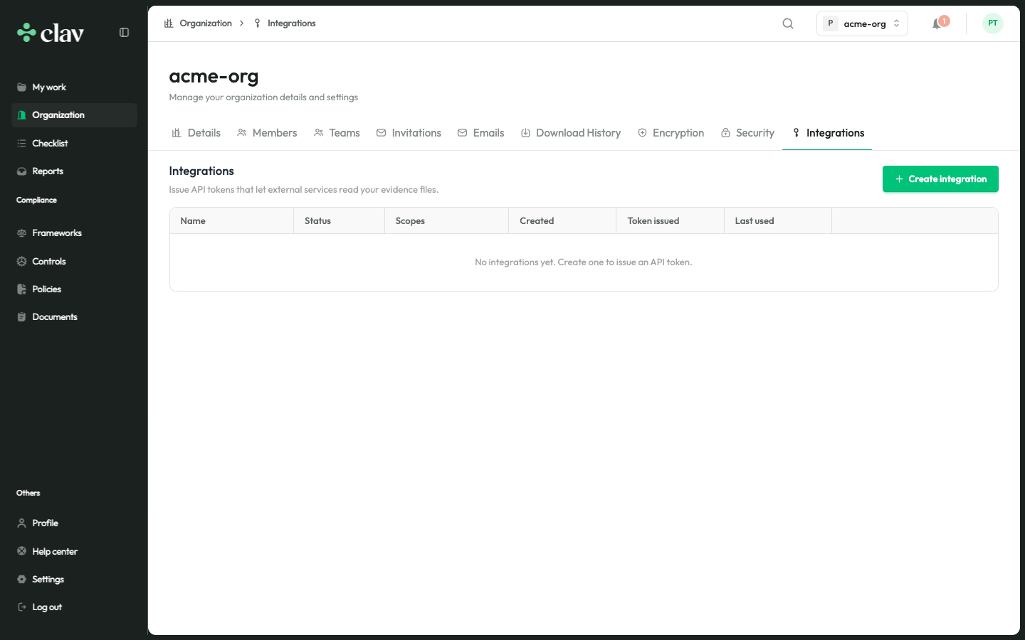 Configurações da organização com a aba Integrações selecionada.