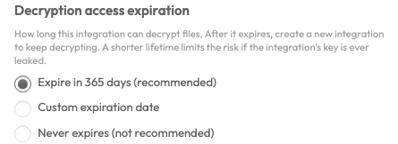 As opções de expiração do acesso de descriptografia.