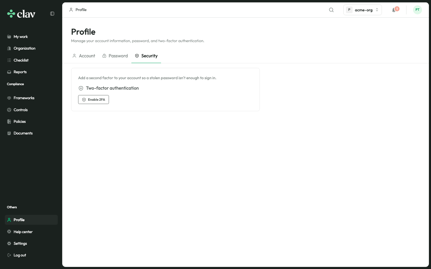 A aba Segurança do seu perfil com o botão Ativar 2FA.
